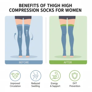 Diagram illustrating the benefits of thigh high compression socks, such as improved circulation and reduced leg swelling in women.
