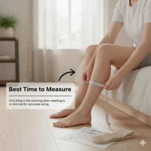 Graphic advising users to measure their legs first thing in the morning when swelling is minimal for accurate compression socks size chart sizing.