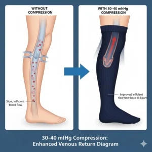 Scientific diagram illustrating how 30 40 mmHg compression socks improve severe blood circulation by pushing blood from the ankle back toward the heart, crucial for venous return.