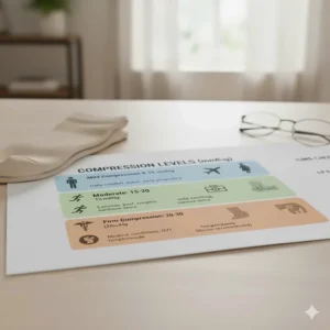 A visual chart explaining the different compression levels (mmHg) and their recommended uses alongside the compression socks size chart.
