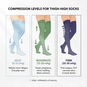 Chart comparing different compression levels (e.g., 20-30 mmHg) available in thigh high compression socks.