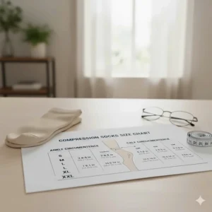 Compression socks size chart showing how ankle and calf measurements correspond to different sock sizes (S, M, L, XL).