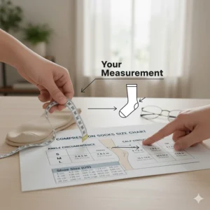 Diagram showing how to cross-reference shoe size with ankle and calf measurements on a detailed compression socks size chart.
