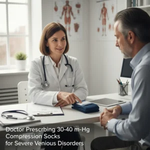 Image of a doctor or healthcare provider discussing the prescription of 30 40 mmHg compression socks with a patient for a severe venous disorder.