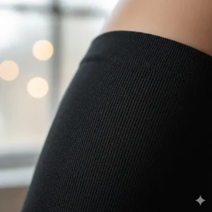 Close-up texture of the breathable, medical-grade fabric used in quality 20-30 mmHg thigh high compression socks.