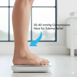 Image illustrating a swollen ankle and leg (edema), with an arrow pointing to the ankle where the highest compression of 30 40 mmHg compression socks would apply for relief.