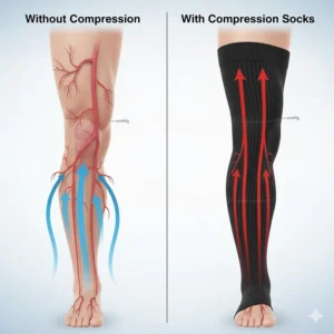 Diagram illustrating how graduated compression socks for men improve blood flow from the ankle to the thigh, supporting venous health.