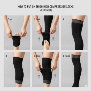 Step-by-step graphic demonstrating the correct technique for easily and effectively putting on 20-30 mmHg thigh high compression socks.