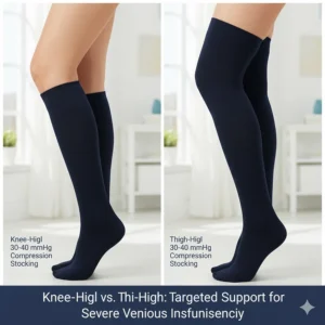 Comparison image showing the difference between knee-high and thigh-high 30 40 mmHg compression stockings for targeted severe venous insufficiency treatment.