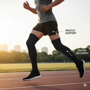 Athletic man wearing thigh high compression socks for men for better muscle support and faster recovery after running or intense workouts.