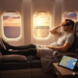 Thigh high compression socks for men recommended for long flights and travel to prevent DVT (Deep Vein Thrombosis) and leg fatigue.