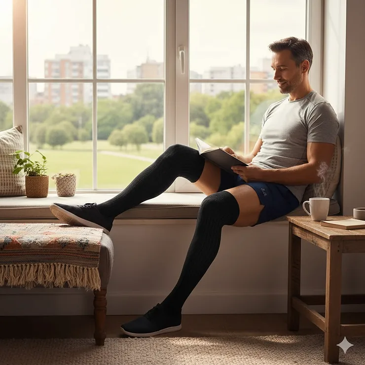 Thigh high compression socks for men in black providing firm graduated support for better circulation and leg health.