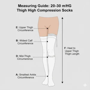 Guide for measuring leg circumference to ensure proper sizing and therapeutic effectiveness of 20-30 mmHg thigh high compression socks.