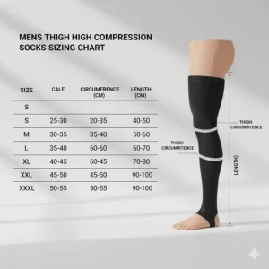 Accurate sizing chart for finding the correct fit of thigh high compression socks for men to ensure effective therapy.