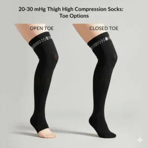 Visual comparison of open-toe and closed-toe styles for 20-30 mmHg thigh high compression socks.