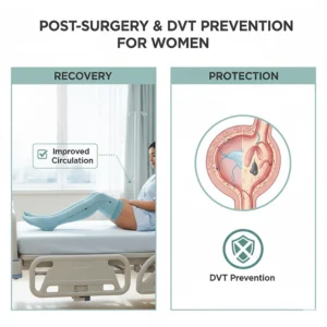 Image illustrating the use of thigh high compression socks for post-surgery recovery and deep vein thrombosis (DVT) prevention in women.
