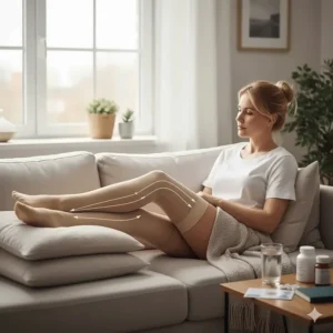 Patient recovering at home wearing medical-grade thigh high compression socks for improved post-operative blood flow.
