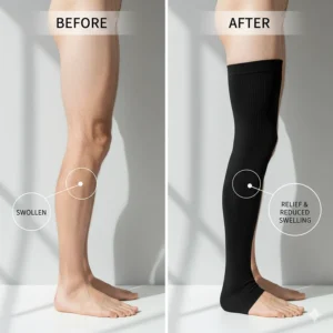 Comparison image showing a leg with swelling (edema) and a leg with relief after wearing thigh high compression socks for men.