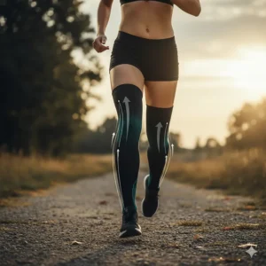 Athlete wearing durable thigh high compression socks for muscle stabilization during long-distance running or exercise.