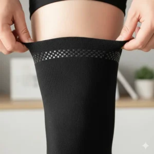 Detail of the silicone top band on the men's thigh high compression socks to prevent slipping and ensure a secure fit without binding.