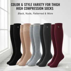 A collection showing the color variety and styles of thigh high compression socks for women, including black, nude, and patterned options.