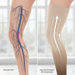 Graphic illustrating how thigh high compression socks help to improve circulation and reduce symptoms of varicose veins.