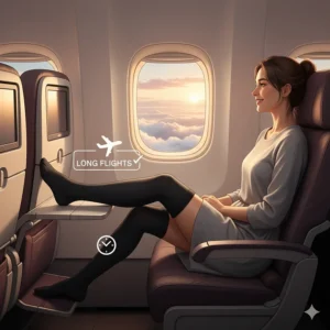 Graphic depicting a woman wearing thigh high compression socks while traveling on a plane, indicating their use for long flights.