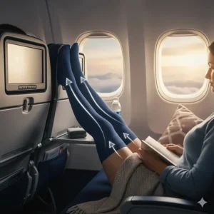 Person sitting on an airplane wearing comfortable thigh high compression socks to prevent DVT during long flights.