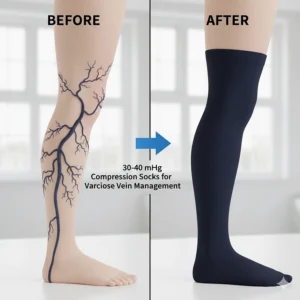 Diagram showing severe, rope-like varicose veins (before) and a smoother, supported leg wearing 30 40 mmHg medical compression socks (after) to manage the condition.