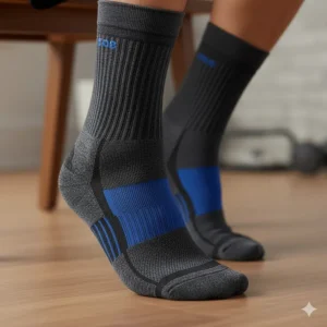 Close-up view of the men's arch support socks showing the targeted compression band for plantar fasciitis relief.