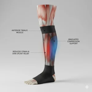 Diagram highlighting the anterior tibialis muscle and how graduated compression supports it to reduce strain from shin splints.