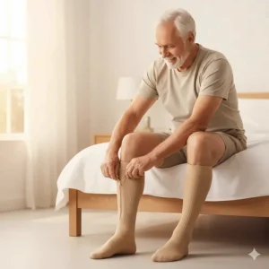 Easy demonstration of a person putting on zipper compression socks without strain, highlighting the accessibility benefit.