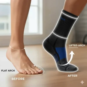 Diagram illustrating the gentle lift and support provided by the arch support socks men for flat feet and low arches.