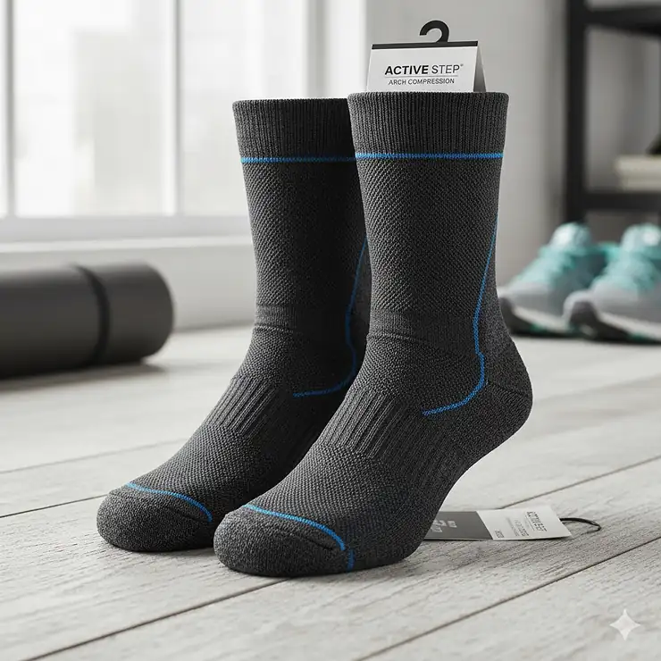 Pair of arch support compression socks shown on a clean surface, emphasizing the targeted arch support zone and breathable fabric.
