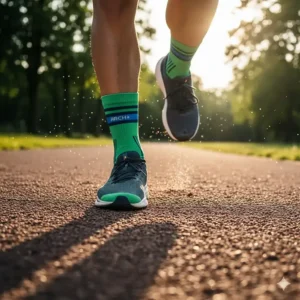 An athlete wearing brightly colored ankle-height arch support running socks while jogging outdoors on a track or trail.