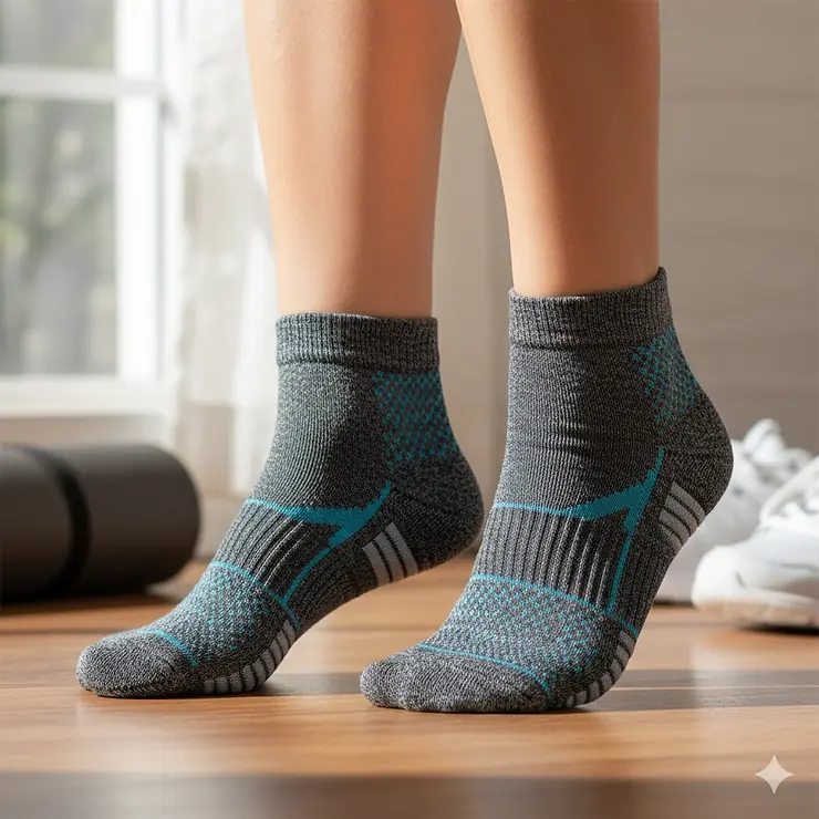 Close-up of arch support socks for women worn comfortably, showing the cushioned sole and supportive design.