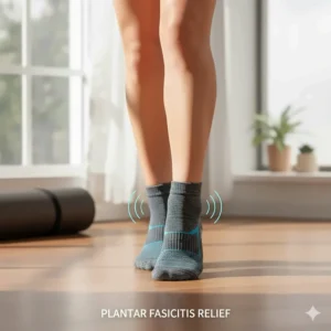 Woman wearing arch support socks while walking, providing relief for plantar fasciitis and foot pain.