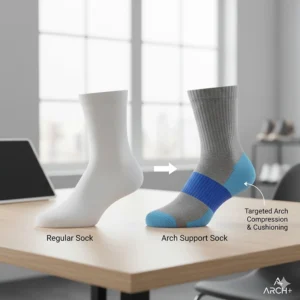 A visual comparison image showing the structural difference between a flat, regular sock and a contoured, supportive best arch support sock.