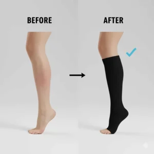 Comparison image showing a leg with swelling (shin splints) and a leg after wearing compression socks to reduce inflammation.