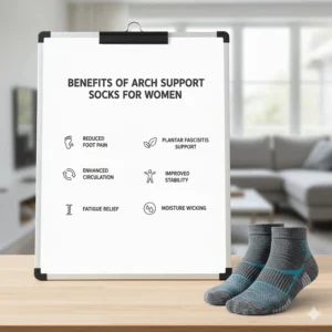 Infographic listing the key benefits of arch support socks, including improved circulation and reduced fatigue for women.