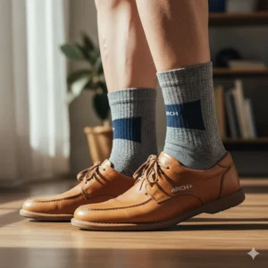A person standing comfortably in casual shoes, with a visible quarter-height pair of the best walking arch support socks on their feet.
