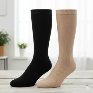 Side-by-side view of black and beige thigh high compression socks for plus size legs.