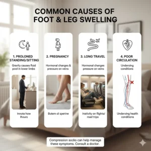 Infographic showing common causes of swelling in feet, like pregnancy, standing long hours, and poor circulation, which can be managed with compression socks.
