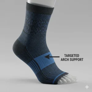 Close-up of a compression sock highlighting the targeted arch support zone for people with foot discomfort.
