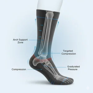 Diagram illustrating how arch support compression socks apply graduated pressure to the foot, heel, and arch.