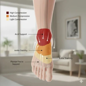 A diagram showing the targeted compression zones of support socks to reduce swelling and improve circulation in the foot.