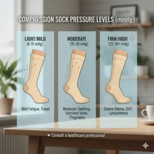 Chart comparing the common pressure levels (mmHg) of compression socks recommended for various degrees of swelling.