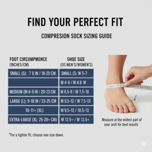 Table or chart providing sizing measurements to ensure the best fit for an effective plantar fasciitis compression sock.