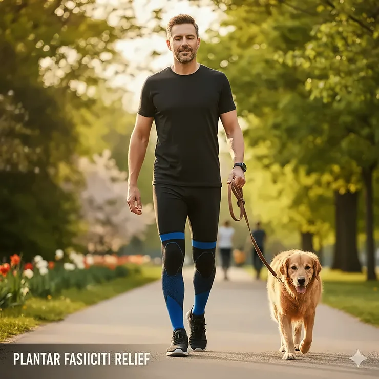 A person wearing a high-quality compression sock for plantar fasciitis while walking to demonstrate pain relief and support.