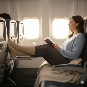 Woman wearing compression socks on an airplane, indicating use for plus size travel or long periods of sitting.